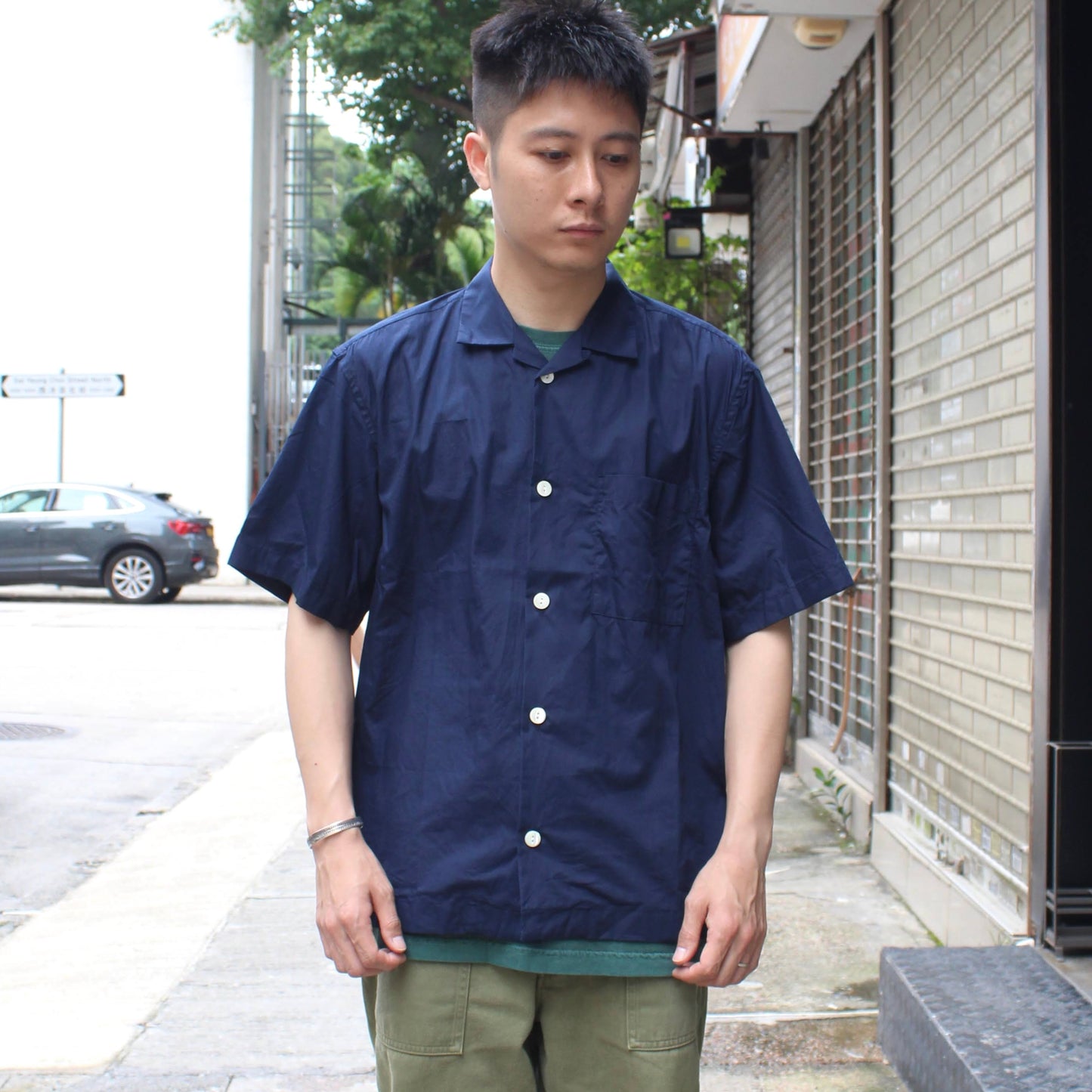 AHE HEE - S/S OPEN COLLAR NAVY SHIRT